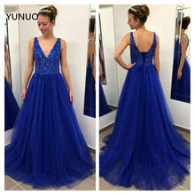 YUNUO Beading Royal Blue A-line Prom Party Dresses 2021 Tulle V Neck High Split Evening Gowns robe de soiree Lace Up Back 2024 - buy cheap