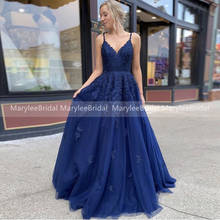 Navy Blue Senior Prom Dresses Long Spaghetti Straps Appliques Princess Girls Formal Robe Prom Gown de fiesta Lace Up Back 2024 - buy cheap