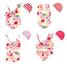 Top Sale Summer Baby Girl Swimwear Hats 2PCS/set Fruit Full Print Sleeveless Sling Kids Girls Swimsuit With Dot Striped Swim Hat 2024 - buy cheap