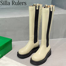 Botas hasta la rodilla de suela gruesa para mujer, zapatos de piel auténtica con punta redonda de felpa en el interior, informales, cálidos para motocicleta, Invierno 2024 - compra barato