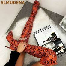 ALMUDENA Orange Snakeskin Printed Thigh High Boots Pointed Toe Zipper Over The Knee Boots High Heel Python Pattern Tall Boots 2024 - buy cheap