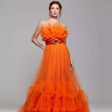 Precioso Vestido largo de tul naranja para mujer, vestidos formales de noche sin tirantes con volantes, vestidos de fiesta de graduación, vestido de fiesta 2024 - compra barato