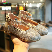 Posh sapato de princesa infantil com lantejoulas douradas, sapato para meninas com salto alto com brilho e strass, infantil e para festa