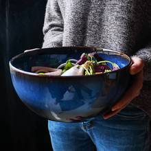 Tigela criativa azul para salada estilo japonês, tigela grande de cerâmica azul para sopa de macarrão, decoração de mesa de cozinha e casa, tigelas de frutas 2024 - compre barato