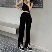 Calças femininas de cintura alta harajuku para o sexo feminino solto calças retas 2021 coreano das mulheres comprimento total preto casual pant terno 2024 - compre barato
