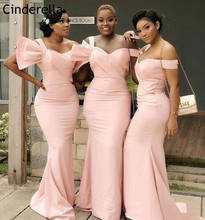 Lovely Bridesmaid Dresses With Hand Made Bow African Off The Shoulder Sweep Train Satin Mermaid Wedding Party Bridesmaid Dress 2024 - buy cheap