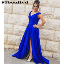 Mbcullyd Backless Satin Prom Dresses Long 2023 Sexy V Neck Floor Length Formal Dress Evening Gown Royal Blue Vestidos de fiesta 2024 - buy cheap
