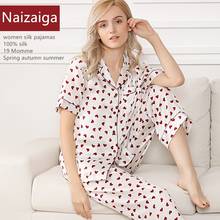 Naizaiga 19 m/m 100% seda branco base vermelho grande amor manga curta manga longa calças de verão pijamas femininos para a menina, skfs15 2024 - compre barato