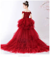 Vestido de encaje rojo sin hombros para niña, vestido de flores para fiesta de bodas, cola larga, vestidos de princesa para desfile, vestido de primera muñeca para niña 2024 - compra barato