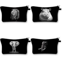 Black White Animals Women Makeup Bag Hippopotamus Elephants Pattern Travel Organizer Toiletry Cosmetic Bags 2024 - buy cheap
