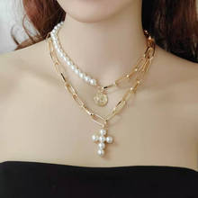 Collares con colgante de Cruz para mujer, Gargantilla con cadena de perlas, Color dorado, Vintage, joyería femenina 2024 - compra barato