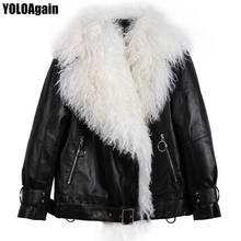 Yoloagain inverno quente feminino branco gola de pele grande brilhante shearling jaqueta senhoras jaqueta de couro genuíno 2024 - compre barato