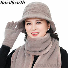 Conjunto de chapéu de inverno feminino, touca de lã de coelho com luvas e cachecol, grosso e quente para presente da mamãe 2024 - compre barato