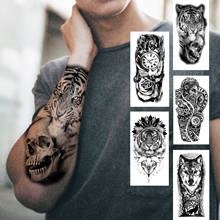 Tatuagem death skull tigre temporária, tatuagem para homens e mulheres adultos tatuagens de flor lobo preto adesivo relógio falso rústico 2024 - compre barato