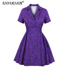 Enyuever-vestido Vintage con estampado de gato púrpura para mujer, ropa Retro de verano, manga corta, cuello vuelto, Pin Up Swing, informal 2024 - compra barato