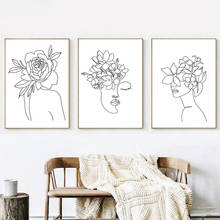 Póster de flores abstractas para mujer, dibujo de línea, impresión en lienzo, pintura de cara de niña, impresiones de arte de pared minimalista, imagen nórdica, decoración del hogar 2024 - compra barato