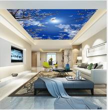 Papel pintado con foto 3D para decoración de techo de sala de estar, hermoso mural de flores de cerezo azul cielo blanco, techo con palomas 2024 - compra barato