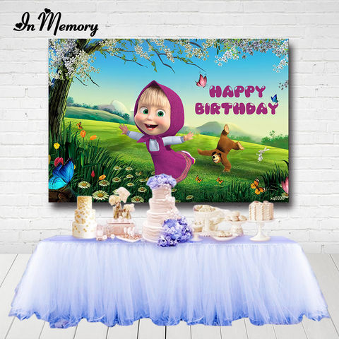 Cartoon Masha and The Bear Theme Backdrops Green Grass Flowers Rabbit Girls Birthday Party Photography Background Princess Baby Shower Photo Studio Props Banner 7x5ft 