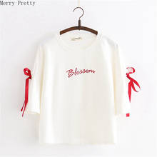 Женские хлопковые футболки с вышитыми буквами, хлопковая футболка с коротким рукавом и круглым вырезом, 2020 Весенняя женская Повседневная Свободная Базовая футболка 2024 - купить недорого