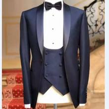 Traje de novio azul marino para hombre, esmoquin de satén con solapa, para boda, 3 piezas (chaqueta, pantalones, chaleco y corbata) C812 2024 - compra barato