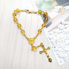 Qigo pulseira amarela de acrílico transparente com contas, rosário cruz de jesus, joias religiosas 2024 - compre barato
