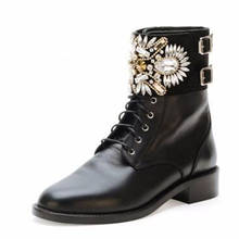 Стразы ботильоны на плоской подошве со шнуровкой Женская обувь с пряжкой со стразами для верховой езды рыцарские ботинки Mujer на среднем каблуке боевые высокие ботинки до бедра 2024 - купить недорого