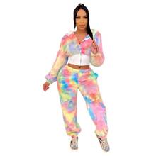 Women Tie-dye Rainbow Colors Plush Thick Hoodies 2 Piece Set Fleece Coat Long Sleeve Sweatshirts Top Harem Pant Casual Tracksuit 2024 - buy cheap