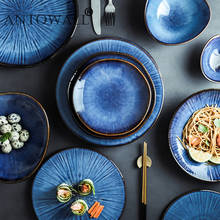ANTOWALLNordic Klin Glaze Blue Color ceramic tableware home flat plate deep steak dish breakfast dinner plate big bow 2024 - buy cheap