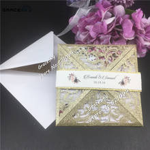 50 Uds. Nueva tarjeta de invitación de boda de cuatro pliegues con encaje de papel brillante cortada por láser, rtvp con tarjetas personalizadas, suministros de boda 2024 - compra barato