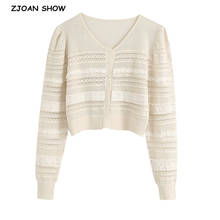 2020 Retro Spliced Lace Striped Line Single-Breasted Buttons Long sleeve Sweater Women French Knitted Cardigan Cropped Sweater 2024 - buy cheap