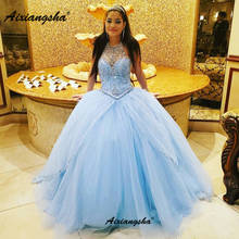 Céu azul cabresto quinceanera vestidos bola gwn apliques cristal frisado em camadas doce 16 vestidos de 15 anos 2024 - compre barato