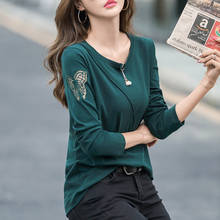 Novo arco malha bordado camiseta 2020 frisado manga longa camisa feminina estilo coreano algodão mulher roupas camiseta feminina plus size 2024 - compre barato