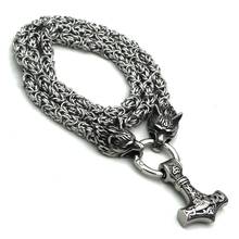 Men stainless steel necklace viking wolf head with thor's hammer mjolnir pendant norse talisman ethnic jewelry 2024 - buy cheap