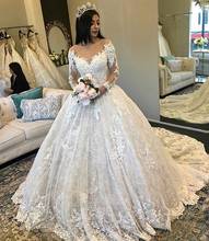 Amazing New Puffy Long Sleeves Ball Gown Wedding Dresses 2021 Sheer Neck Court Train Beaded Lace Bride Dress mariage 2024 - buy cheap