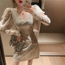 2021 Autumn Women Vintage Sexy Sequins Shinny Mini Dress Elegant V Neck Long Sleeve Party Club Female Dress Chic Slim Vestidos 2024 - buy cheap