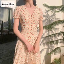 VmewSher-vestido Floral Vintage de verano para mujer, vestido largo ajustado de cintura alta con cuello de pico, elegante, estampado de flores, manga abombada, a media pantorrilla 2024 - compra barato