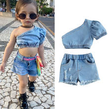 Summer Fashion Baby Girls Clothes Sets Blue Denim One Shoulder Short Sleeve T Shirts Shorts Trousers 2024 - buy cheap