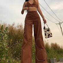 Pantalones vaqueros holgados de estética Y2K para mujer, pantalón de pierna ancha Vintage marrón de los años 90, parches de flores, Vaqueros rectos de cintura alta 2021 2024 - compra barato