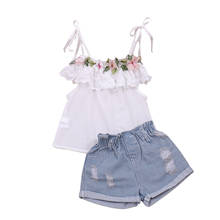 2-7y verão adorável infantil meninas conjuntos de roupas flores sem mangas cinto colete topos azul denim shorts 2024 - compre barato