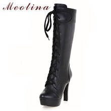 Meotina/зимние сапоги до колена; женские высокие сапоги на платформе и толстом каблуке со шнуровкой; модная обувь на очень высоком каблуке; Женская Осенняя обувь; Размеры 33-43 2024 - купить недорого