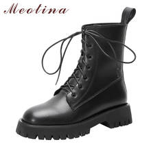 Meotina Motorcycle Boots Women Shoes Real Leather Flat Platform Mid-Calf Boots Round Toe Lace Up Short Lady Boots Autumn Black 2024 - buy cheap