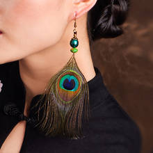 Pendiente individual de plumas de pavo real, joyería de declaración étnica Original vintage, colorido, estilo bohemio nacional 2024 - compra barato