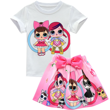 Детский комплект одежды для маленьких девочек, летняя футболка с короткими рукавами с героями мультфильмов, футболка + сумка + юбка + шапочка, Детский костюм для девочек 2024 - купить недорого