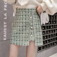MUMUZI Single-Breasted tweed plaid women skirt irregular elegant office ladies short mini skirt Vintage autumn female skirts 2024 - buy cheap