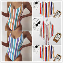 Sexy Color Striped One Piece Swimsuit Women Cut Out Monokini Stripe High Waisted Bathing Suit Thong Swimwear Bodysuit Beach Wear 2024 - buy cheap