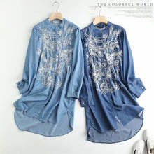 Vestido bordado de algodão feminino, camisa azul floral, casual, primavera, vestido longo, trabalho de verão, moda feminina 2024 - compre barato