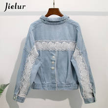 Jielur jaqueta jeans feminina, casaco feminino de malha com decalque em renda, porket, com botão da moda elegante coreana azul grace inverno 2021 2024 - compre barato