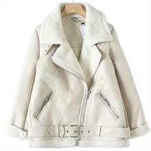 NEWDISCVRY Women Beige Fur Faux Leather Jacket Coat With Belt Turn Down Collar Ladies 2021 Winter Thick Warm Oversized Coat 2024 - buy cheap
