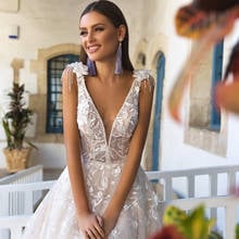 Vestido de novia elegante personalizado, con cola de barrido, con cuello en V, sin mangas, apliques de borlas, encaje, tul, vestidos de novia 2024 - compra barato