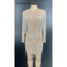 Women Dance Dress Silver Glass Rhinestones Fringe Transparent Dress Long Sleeves Birthday Celebrate Evening Party Outfit 2024 - buy cheap